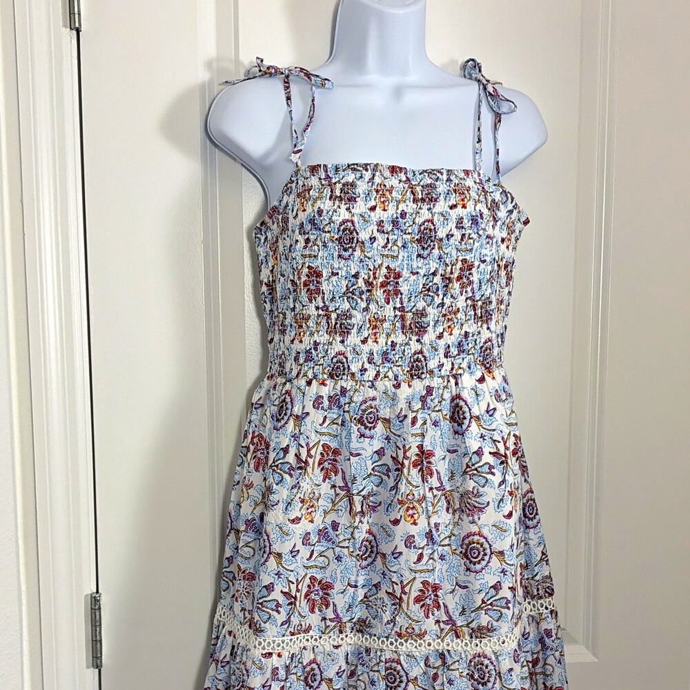Roller Rabbit Floral Smocked Tie-Strap Midi Sundress Square Neck M Cottagecore